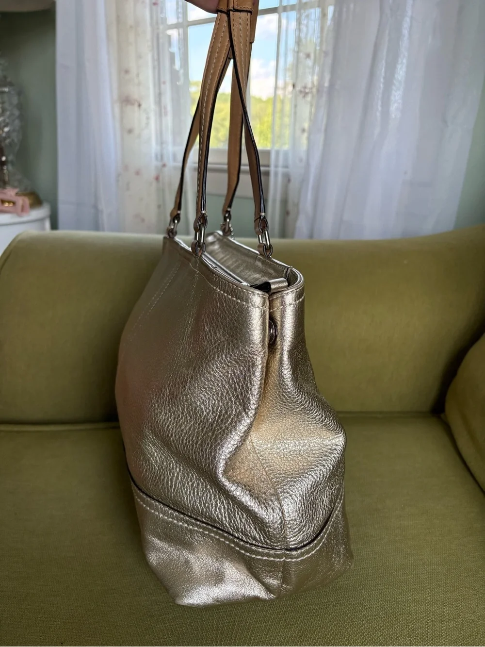 Coach Metallic Silver Leather Shoulder Tote with Tan Handles